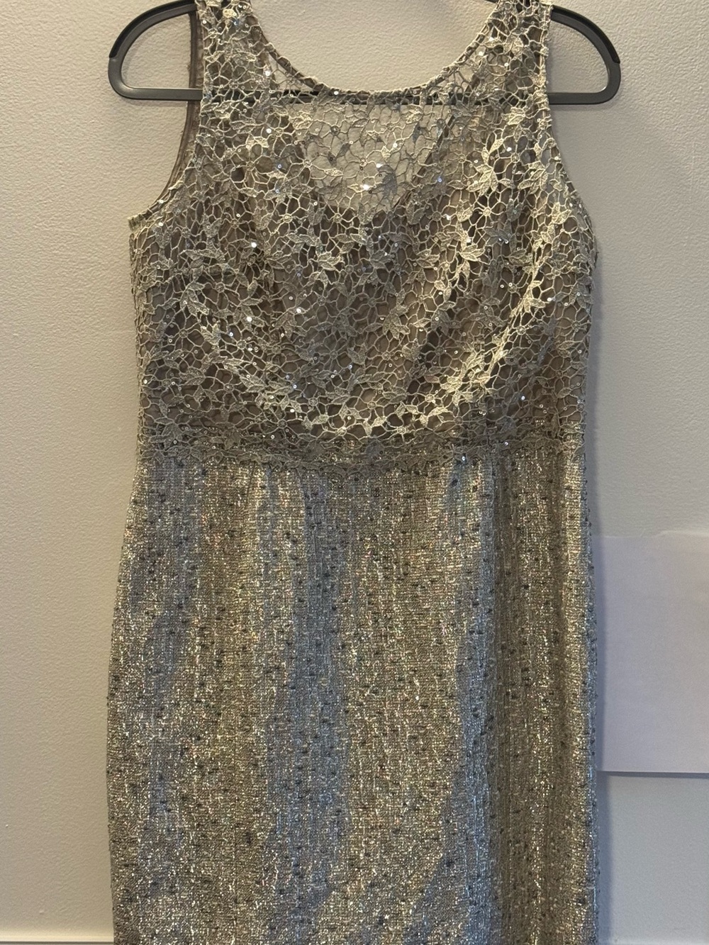 Kay Unger Silver Sequin Lace Sheath Dress - Size 14